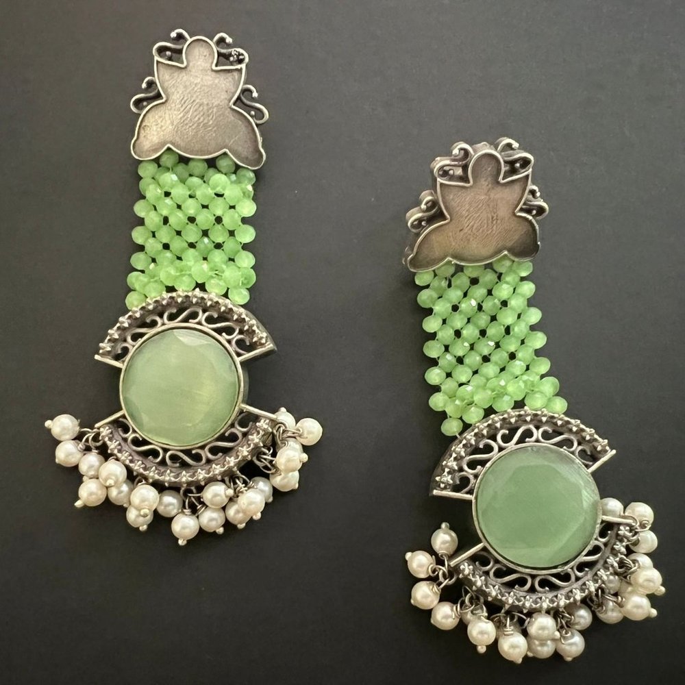 Green Tone Oxidized Silver earrings with White pearls